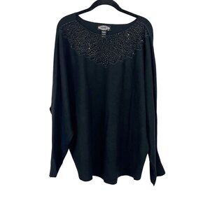 Oliver O by Escio Black Ribbed Knit Sweater Top Rhinestone -‎ Size 2X
